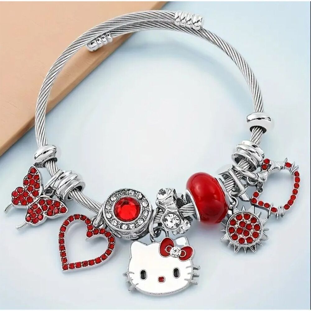 Sanrio Hello Kitty Red & Silver Charm Bracelet Dangle Butterfly Heart Y2k Gift